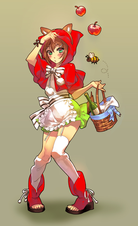 apples, apron, baka_to_test_to_shoukanjuu, basket, bee, blush, boots, bow
