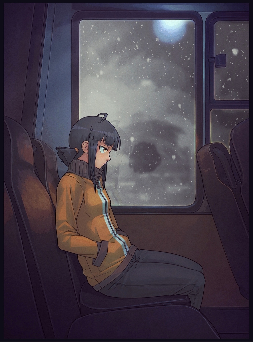 1girl, ahoge, bangs, bare_shoulders, black_border, black_hair, black_pants, blue_jacket, border, brown_eyes, brown_jacket, chair, from_side, gloomy_(leonzo030), hands_in_pockets, highres, indoors, jacket, leonzo030, medium_hair, night, orange_eyes, orange_jacket, original, pants, reflection, sad, short_ponytail, sitting, snowing, train_interior, white_jacket