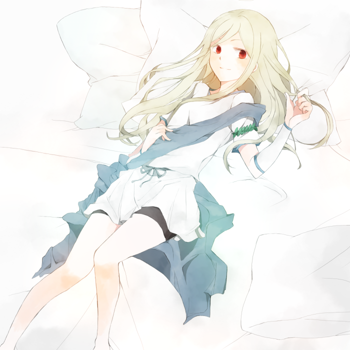afuro_terumi, barefoot, bed, bike_shorts, blush, detached_sleeves, inazuma_eleven, long_hair