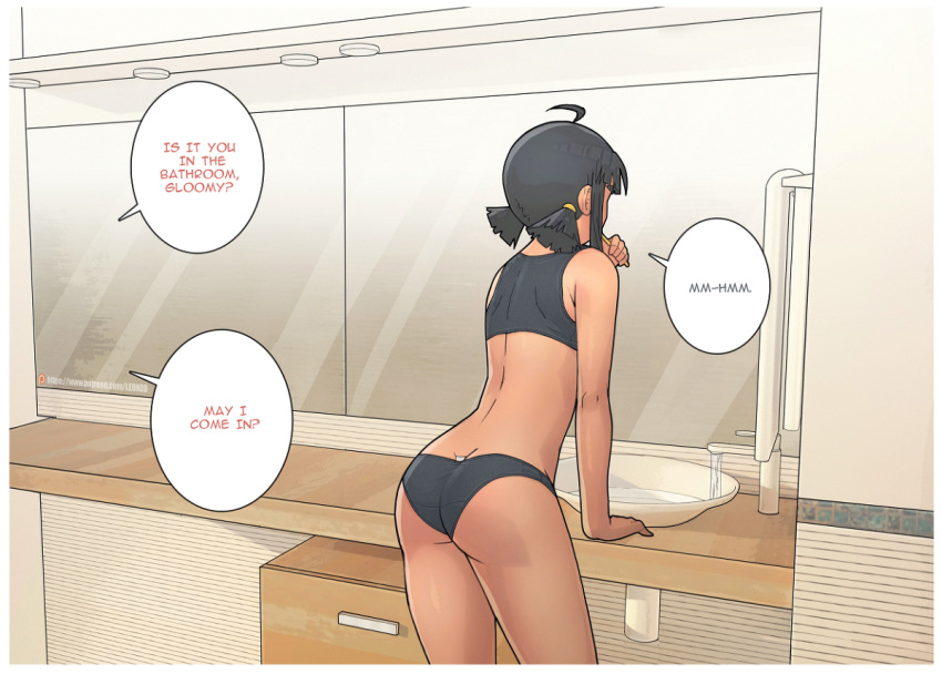 1girl, ahoge, arm_support, artist_name, ass, bangs, bare_arms, bare_shoulders