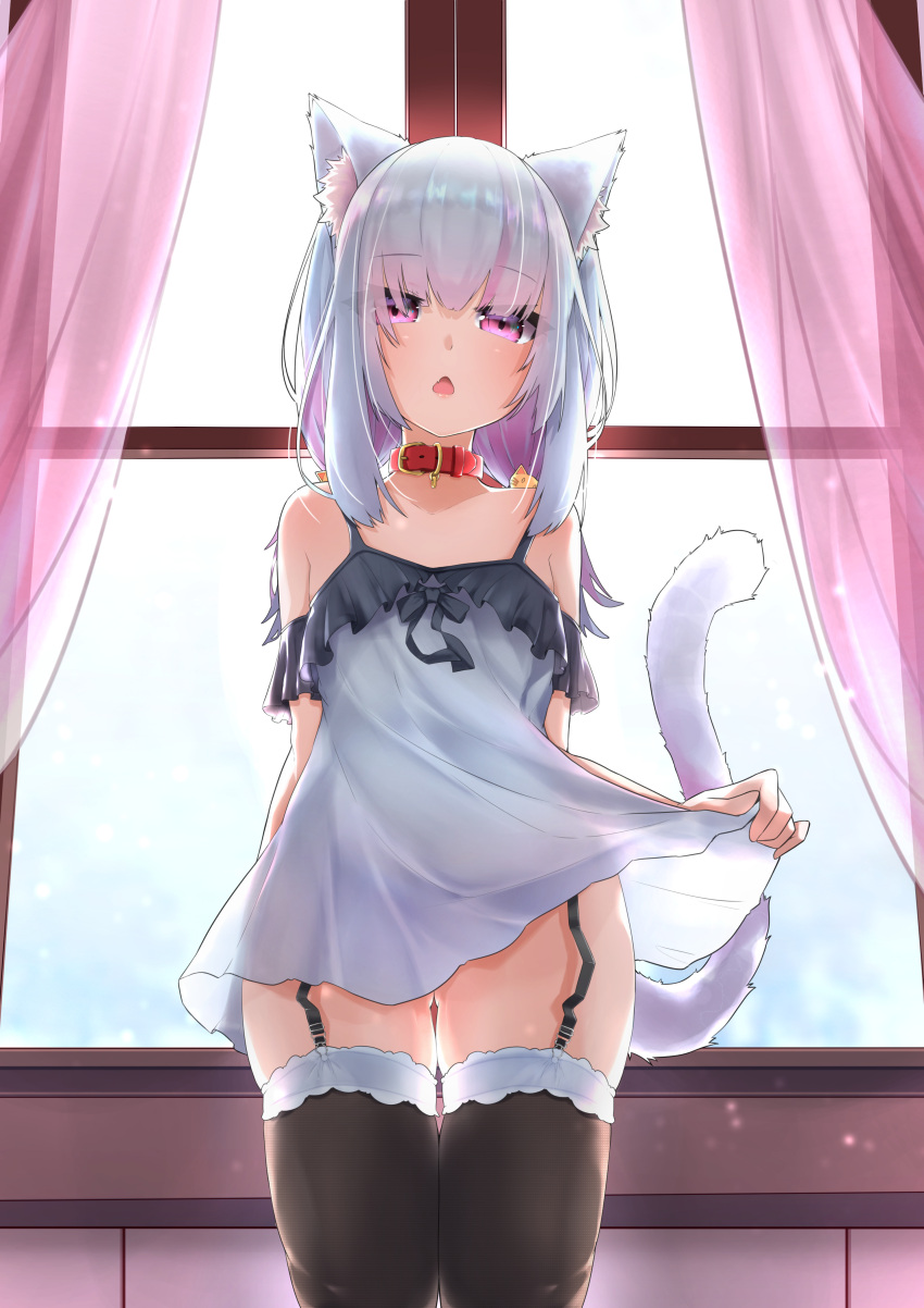 1girl, absurdres, animal_collar, animal_ear_fluff, animal_ears, black_legwear, cat_ears, cat_girl