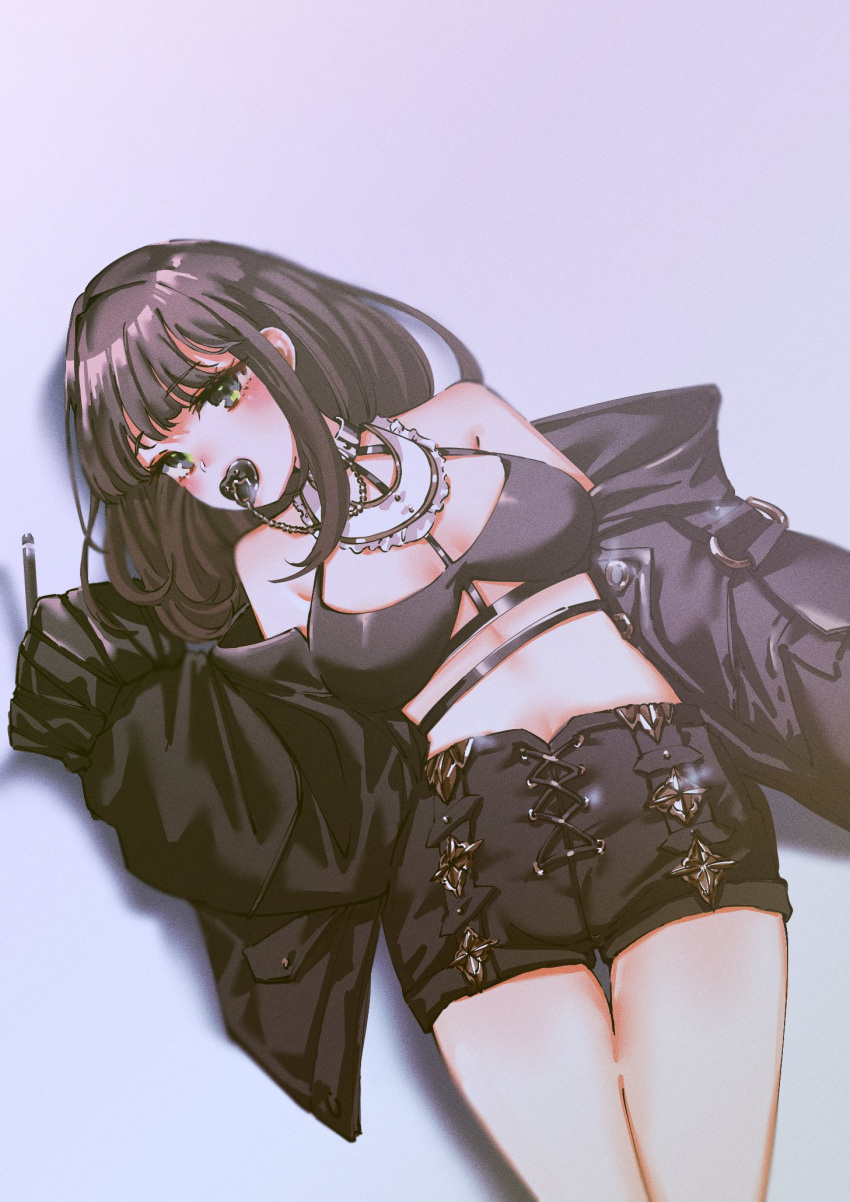 1girl, black_hair, black_jacket, black_shorts, blush, borrowed_character, breasts, brown_hair