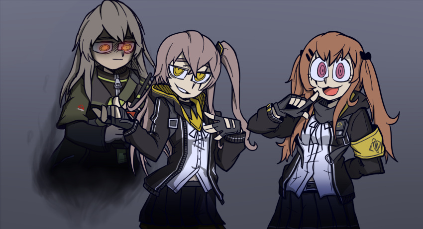 3girls, 404_logo_(girls_frontline), bangs, black_gloves, black_jacket, black_skirt, brown_hair, cowboy_shot, expressionless, fingerless_gloves, ghost, girls_frontline, gloves, glowing, glowing_eyes, grey_hair, hair_between_eyes, hair_ornament, hair_ribbon, hairclip, haonfest_art, helltaker, jacket, long_hair, looking_at_viewer, multiple_girls, one_side_up, open_clothes, open_jacket, open_mouth, orange_eyes, parted_lips, pleated_skirt, red_eyes, ribbon, scar, scar_across_eye, shirt, skirt, smile, twintails, ump40_(girls_frontline), ump45_(girls_frontline), ump9_(girls_frontline), vanripper_(style), white_shirt, yellow_eyes