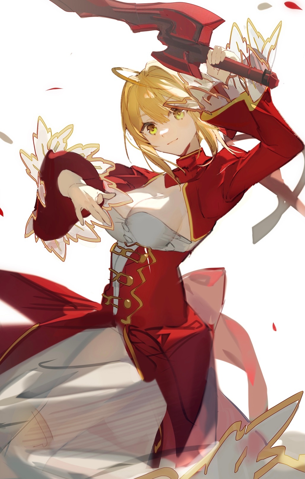 1girl, ahoge, bangs, blonde_hair, breasts, dress, eyebrows_behind_hair, fate/extra