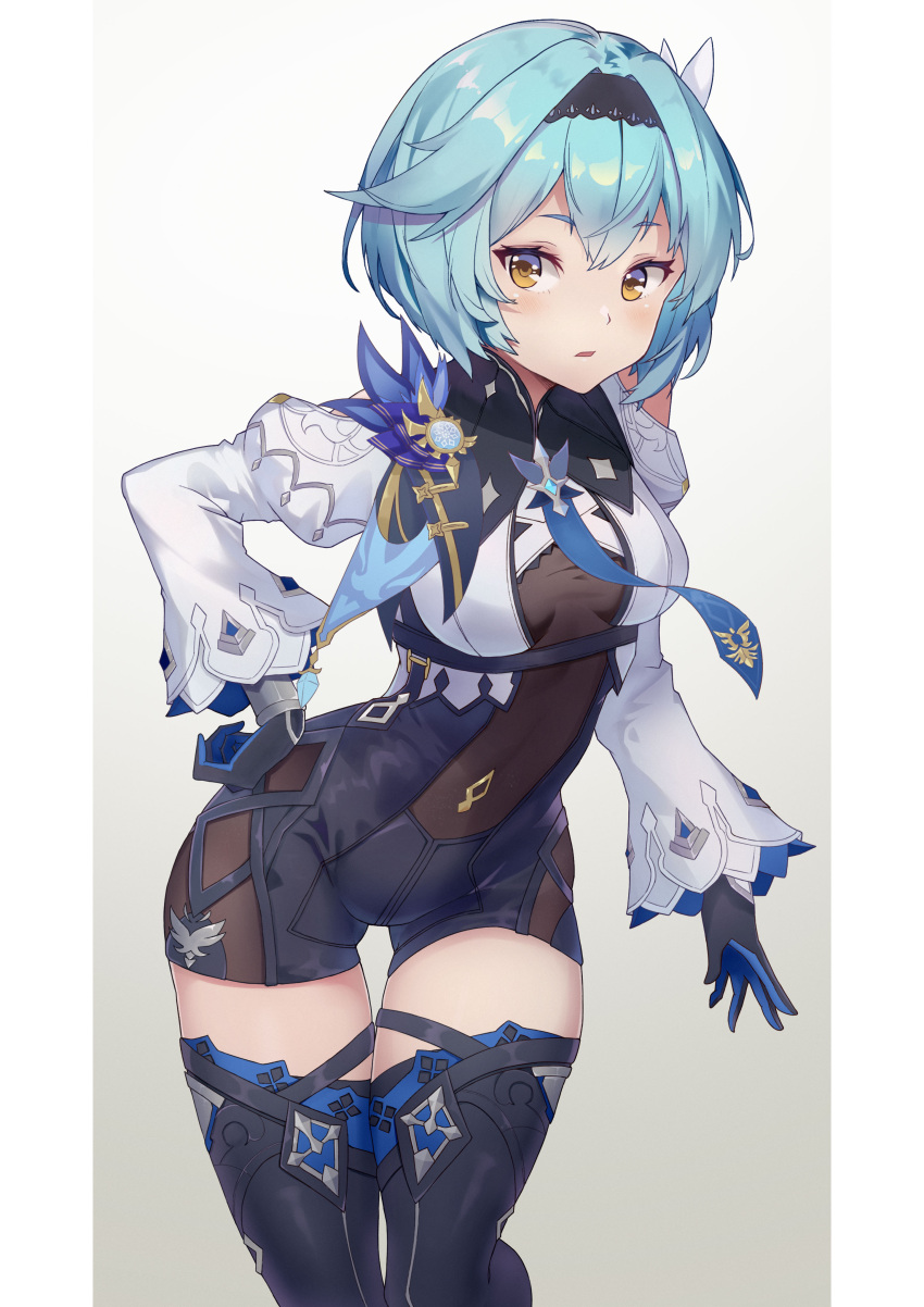 1girl, absurdres, black_hairband, black_leotard, blue_hair, blue_legwear, blue_neckwear, blush