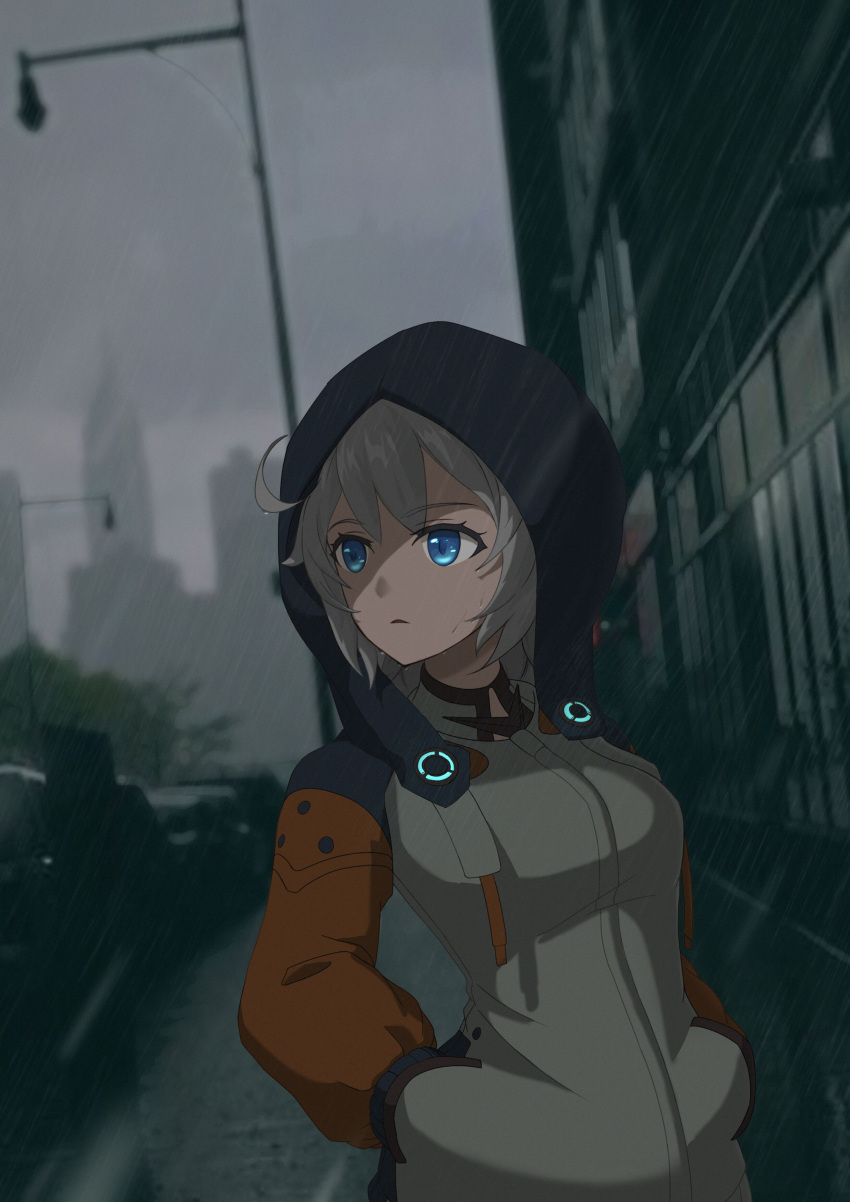 1girl, absurdres, antenna_hair, blue_eyes, building, cakypa, car, ground_vehicle, hands_in_pockets, highres, honkai_(series), honkai_impact_3rd, hood, hoodie, jacket, kiana_kaslana, kiana_kaslana_(white_comet), lamppost, looking_afar, motor_vehicle, open_mouth, outdoors, rain, scenery, sky, solo, white_hair
