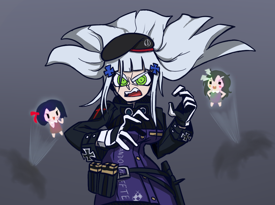 3girls, angry, bangs, beret, blunt_bangs, breasts, fairy_(girls_frontline), fangs