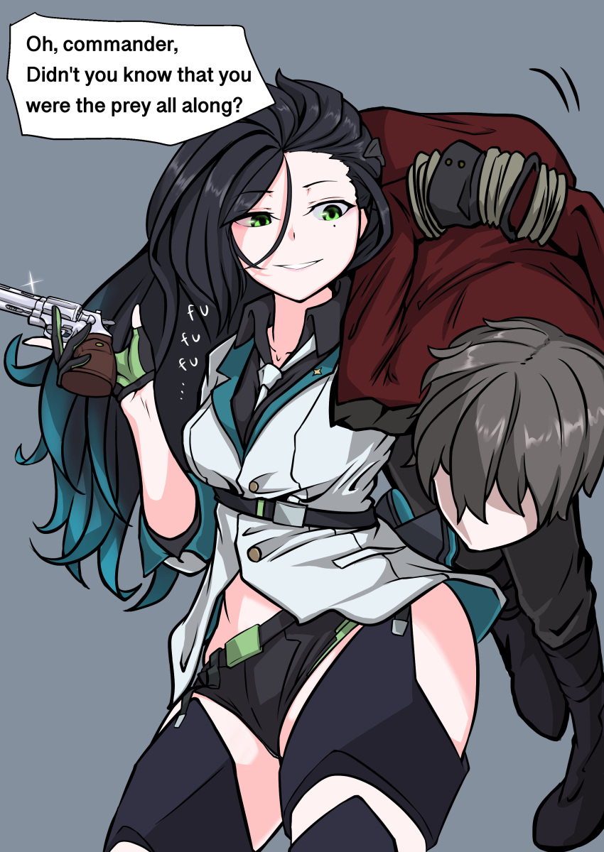 absurdres, assertive_female, bdsm, carrying, carrying_over_shoulder, colt_python, commander_(girls_frontline), english_text, femdom, girls_frontline, highres, hip_vent, imminent_rape, imminent_sex, jacket, long_hair, open_clothes, python_(girls_frontline), restrained, revolver, rope, sadism, seductive_smile, shorts, smile, speech_bubble, stomach, thigh-highs, trigger_discipline, white_jacket, zandorosouls
