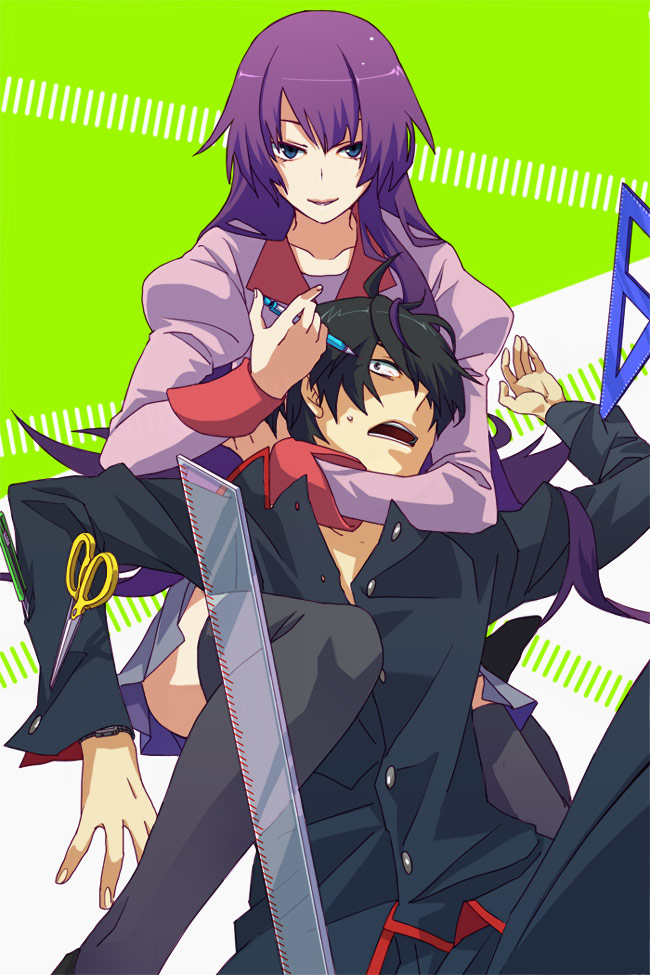 araragi_koyomi, bakemonogatari, black_hair, blue_eyes, boxcutter, long_hair, monogatari_(series), purple_hair