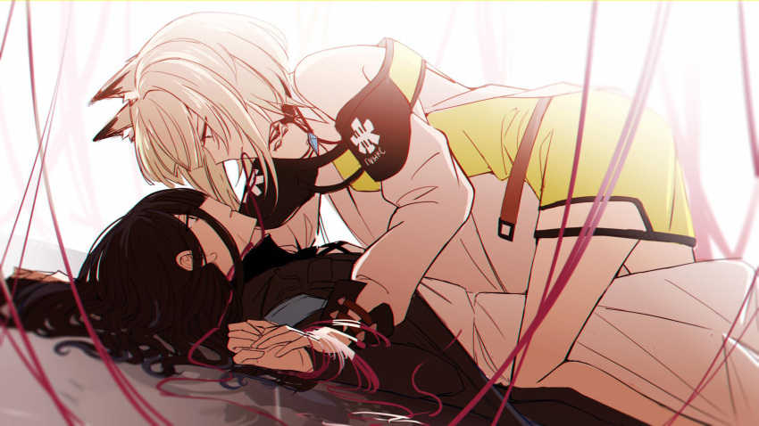 2girls, ajie_(changemyself), animal_ears, arknights, black_hair, doctor_(arknights), female_doctor_(arknights), grey_hair, highres, kal'tsit_(arknights), long_hair, looking_at_another, lying, lynx_ears, lynx_girl, multiple_girls, on_back, on_floor, oripathy_lesion_(arknights), short_hair, string, string_of_fate, yuri