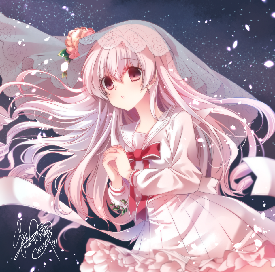 1girl, arcaea, bangs, bow, commentary_request, eyebrows_visible_through_hair, flower, frilled_skirt
