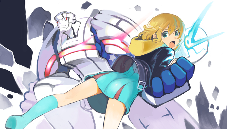 aqua_eyes, artist_request, blonde_hair, boots, cheerleader, crossdressinging, heroman, heroman_(robot)