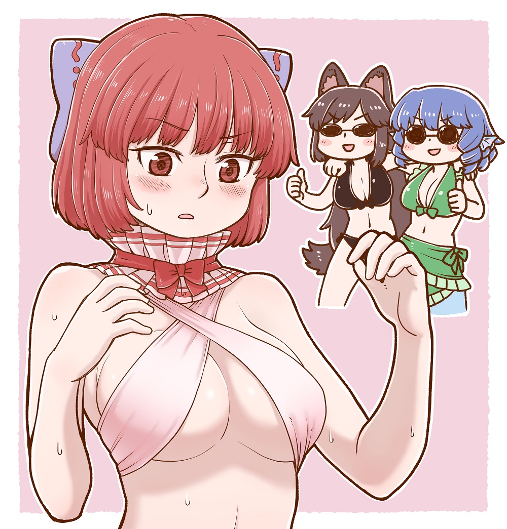 3girls, :d, animal_ears, bangs, bikini, black_bikini, blue_bow, blue_hair