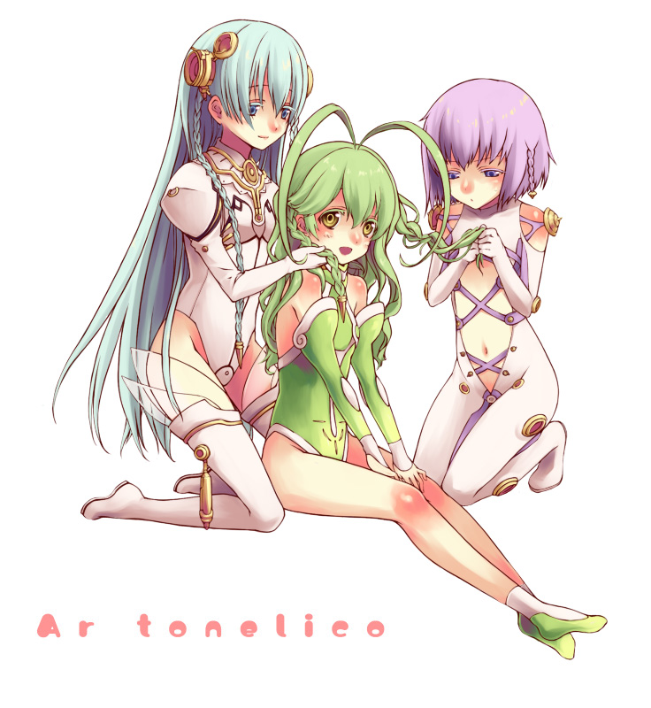 alternate_hairstyle, antenna_hair, ar_tonelico, ar_tonelico_i, ar_tonelico_ii, ar_tonelico_iii, blue_eyes, bodysuit, boots, braid, detached_sleeves, flat_chest, frelia, green_hair, gust, hair_ornament, hairdressing, kneeling, legs, leotard, long_hair, mizuki_(csphere), multiple_girls, navel, open_mouth, purple_eyes, purple_hair, short_hair, shurelia, simple_background, sitting, skin_tight, smile, suzuoka_mizuki, thigh-highs, thigh_boots, thighhighs, tilia, twin_braids, utsugi_(skydream), very_long_hair, violet_eyes, white_hair, white_legwear, white_thighhighs, yellow_eyes