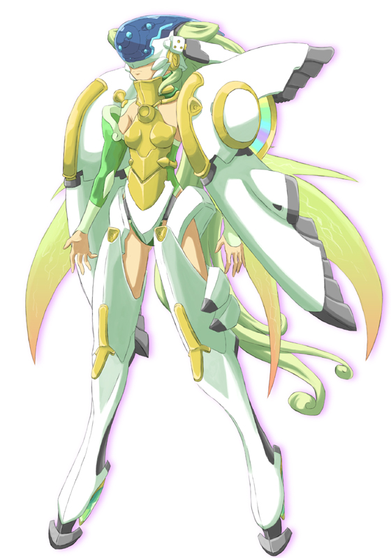 ar_tonelico, ar_tonelico_ii, armor, bad_id, boots, detached_sleeves, fairy_wings, frelia, green_hair, gust, helmet, high_heels, inazuma_musuko, insect_wings, long_hair, mechanical_wings, shoes, simple_background, solo, thigh-highs, thigh_boots, thighhighs, very_long_hair, wings