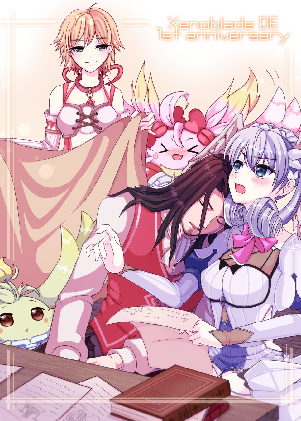 >_<, 1boy, 2girls, bare_shoulders, black_hair, blonde_hair, blush, book
