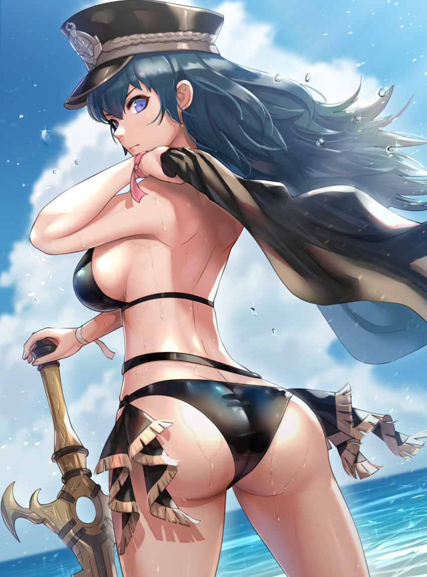 1girl, absurdres, ass, back, belt, bikini, black_bikini, black_headwear, black_jacket, blue_hair, blue_sky, breasts, byleth_(fire_emblem), byleth_eisner_(female), closed_mouth, clouds, cowboy_shot, day, fire_emblem, fire_emblem:_three_houses, floating_hair, fringe_trim, from_behind, gonzarez, hat, highres, holding, holding_clothes, holding_jacket, horizon, jacket, jacket_removed, large_breasts, long_hair, looking_at_viewer, looking_back, ocean, peaked_cap, planted, planted_sword, serious, sideboob, sky, solo, swimsuit, sword, sword_of_the_creator, violet_eyes, water, water_drop, weapon, wind, wristband