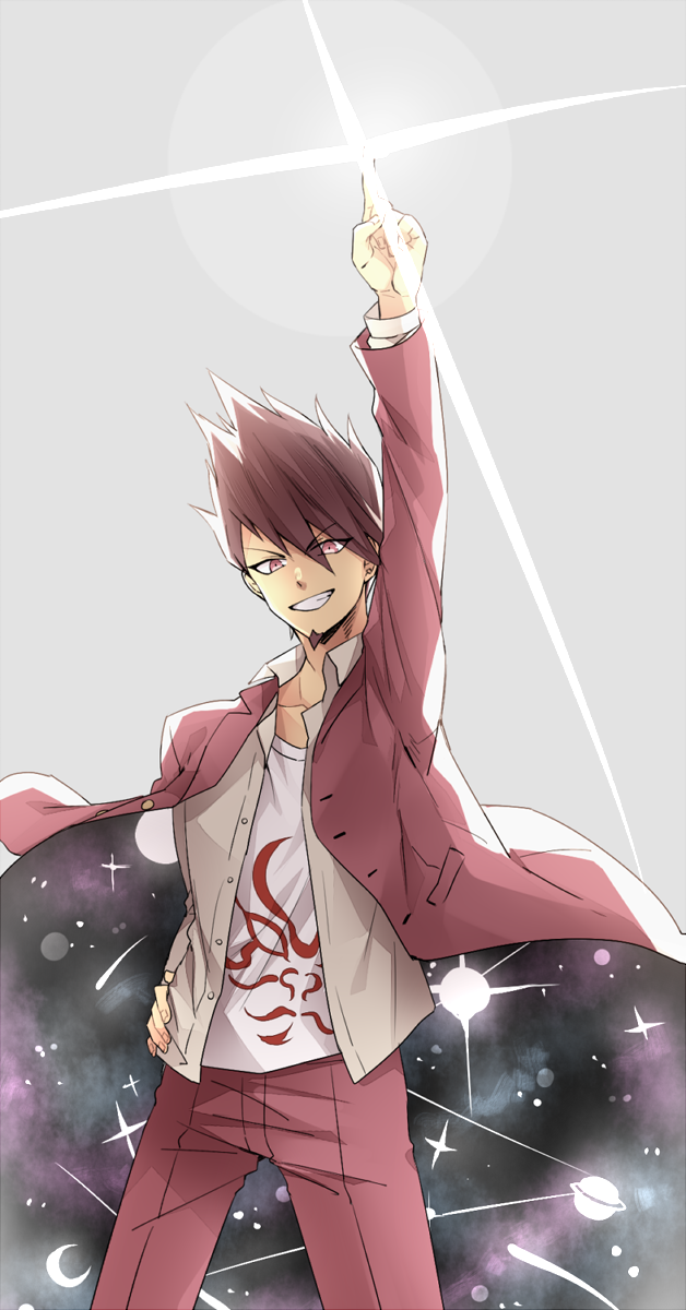 1boy, arm_up, bangs, chikuwapan, collarbone, commentary_request, dangan_ronpa_(series), dangan_ronpa_v3:_killing_harmony, facial_hair, goatee, grey_background, grey_shirt, grin, hand_on_hip, highres, jacket, long_sleeves, male_focus, momota_kaito, open_clothes, open_shirt, pants, pink_jacket, pink_pants, print_shirt, shirt, short_hair, smile, solo, space_print, sparkle, starry_sky_print, white_shirt