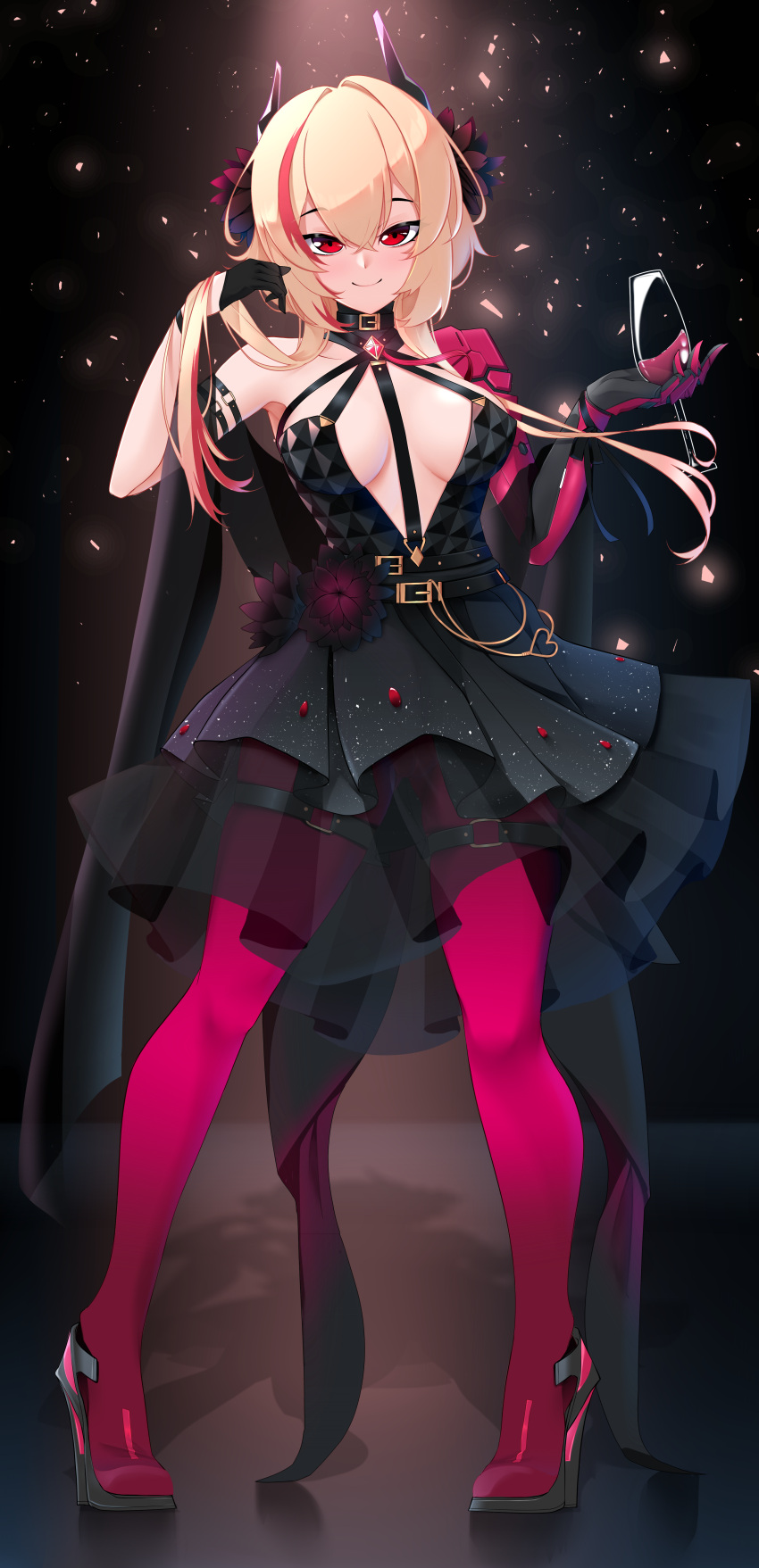 1girl, absurdres, alcohol, arm_strap, asymmetrical_gloves, bangs, bare_shoulders, belt