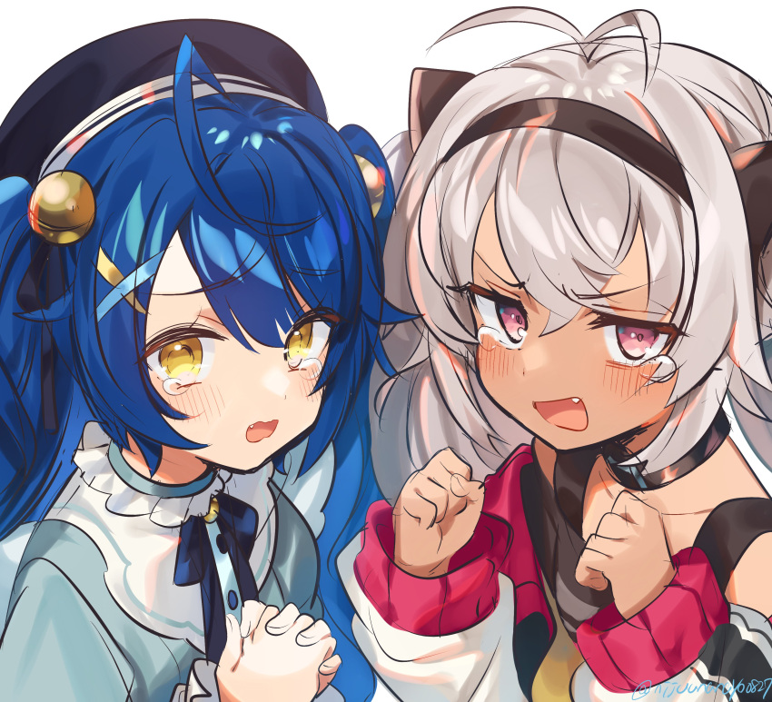 2girls, absurdres, ahoge, amamiya_kokoro, animal_ears, antenna_hair, bell, beret