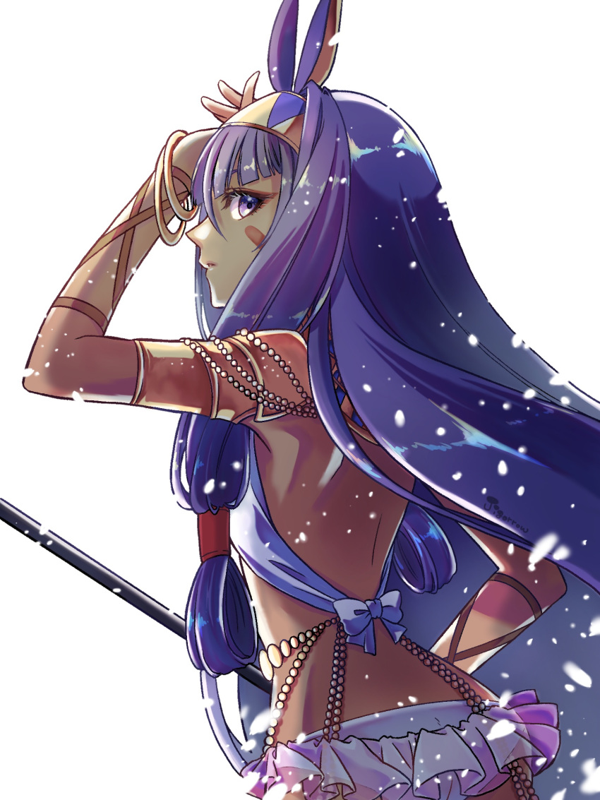 1girl, animal_ears, armlet, ass, back, bangs, belly_chain, bracelet