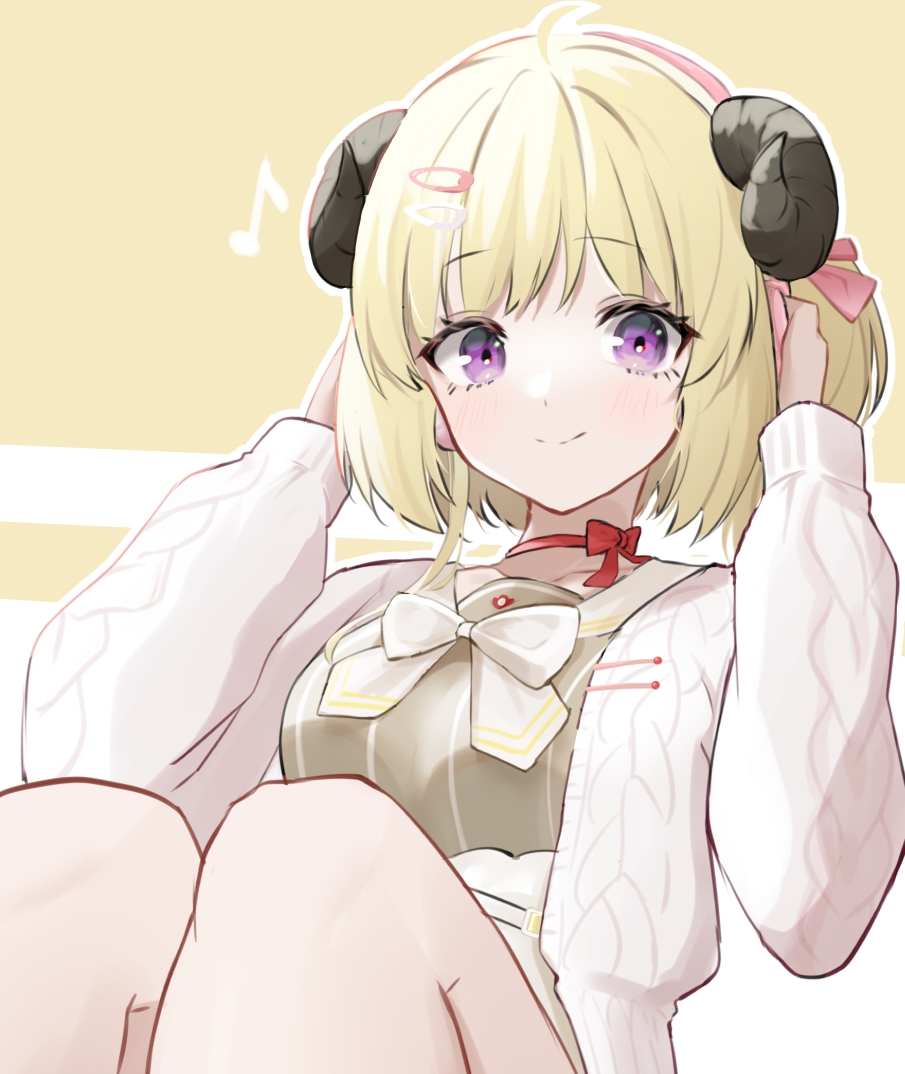 1girl, ahoge, animal_ears, aran_sweater, blonde_hair, choker, closed_mouth, dress