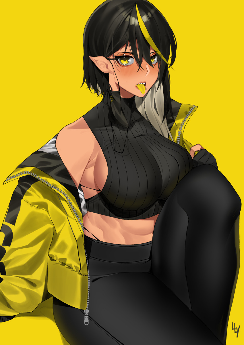 1girl, absurdres, black_gloves, black_hair, black_panties, black_pants, blonde_hair, blush