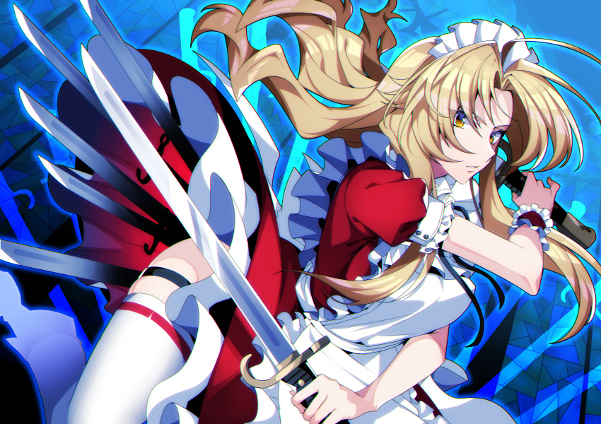 1girl, absurdres, apron, bangs, blue_background, brown_eyes, brown_hair, dress