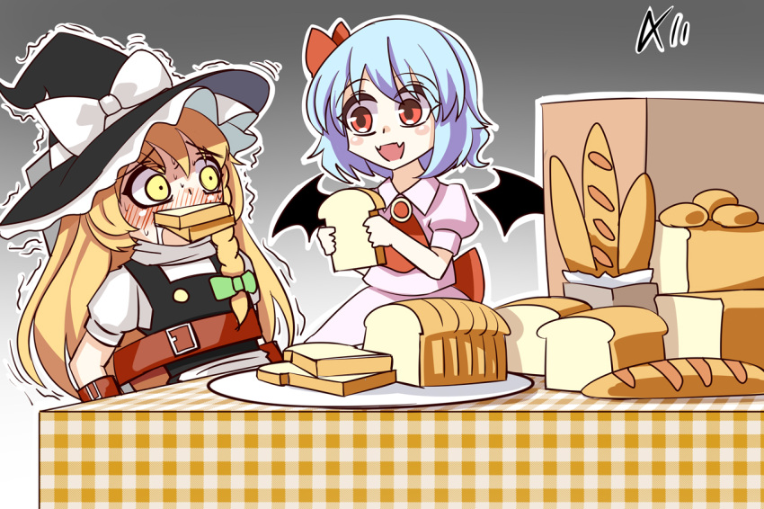 2girls, a-xii, baguette, bat_wings, belt, blonde_hair, blue_hair, blush