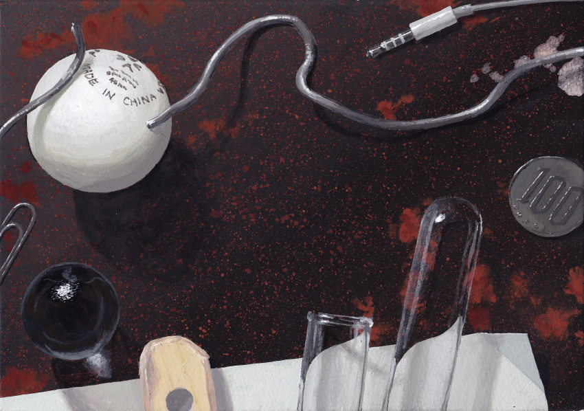 acrylic_paint_(medium), ball, cable, coin, earphones, earphones, english_text, highres