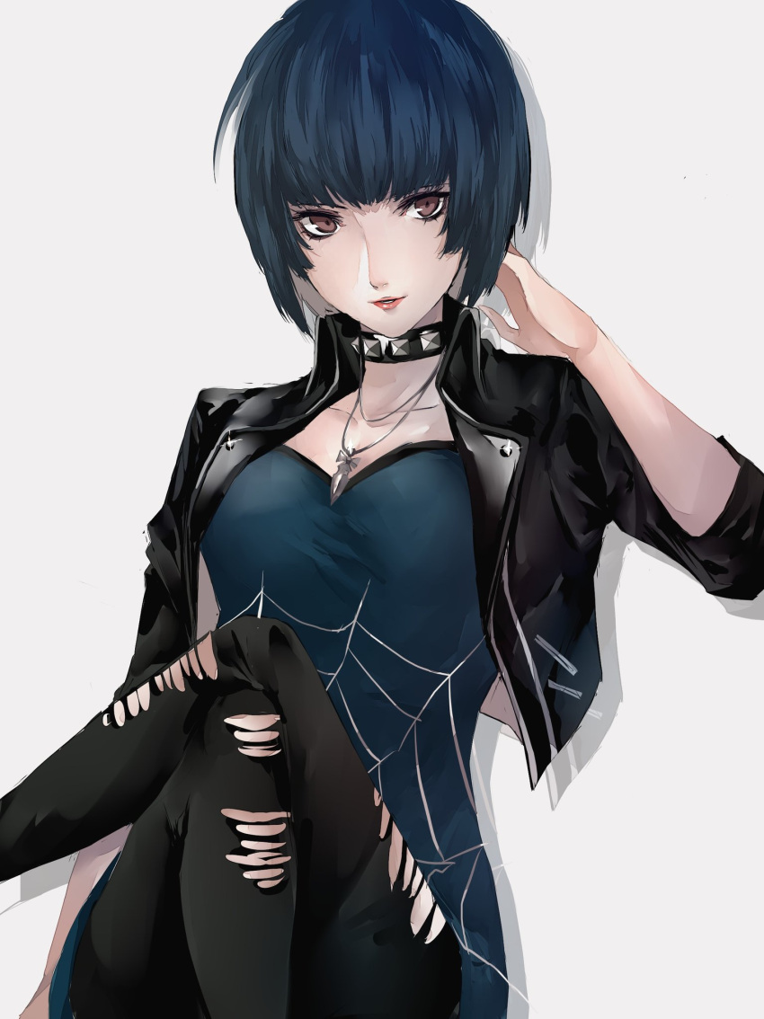 1girl, bangs, black_hair, black_jacket, black_legwear, black_pants, blue_dress, blunt_bangs
