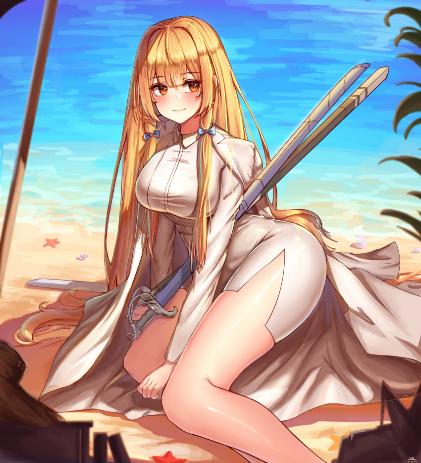 1girl, absurdres, ag-2c_sirene, bangs, beach, blonde_hair, blush, bow