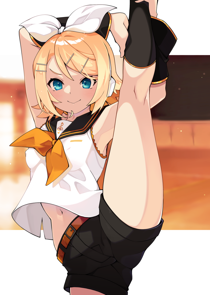 1girl, aqua_eyes, armpits, bangs, belt, black_legwear, black_shorts, blonde_hair