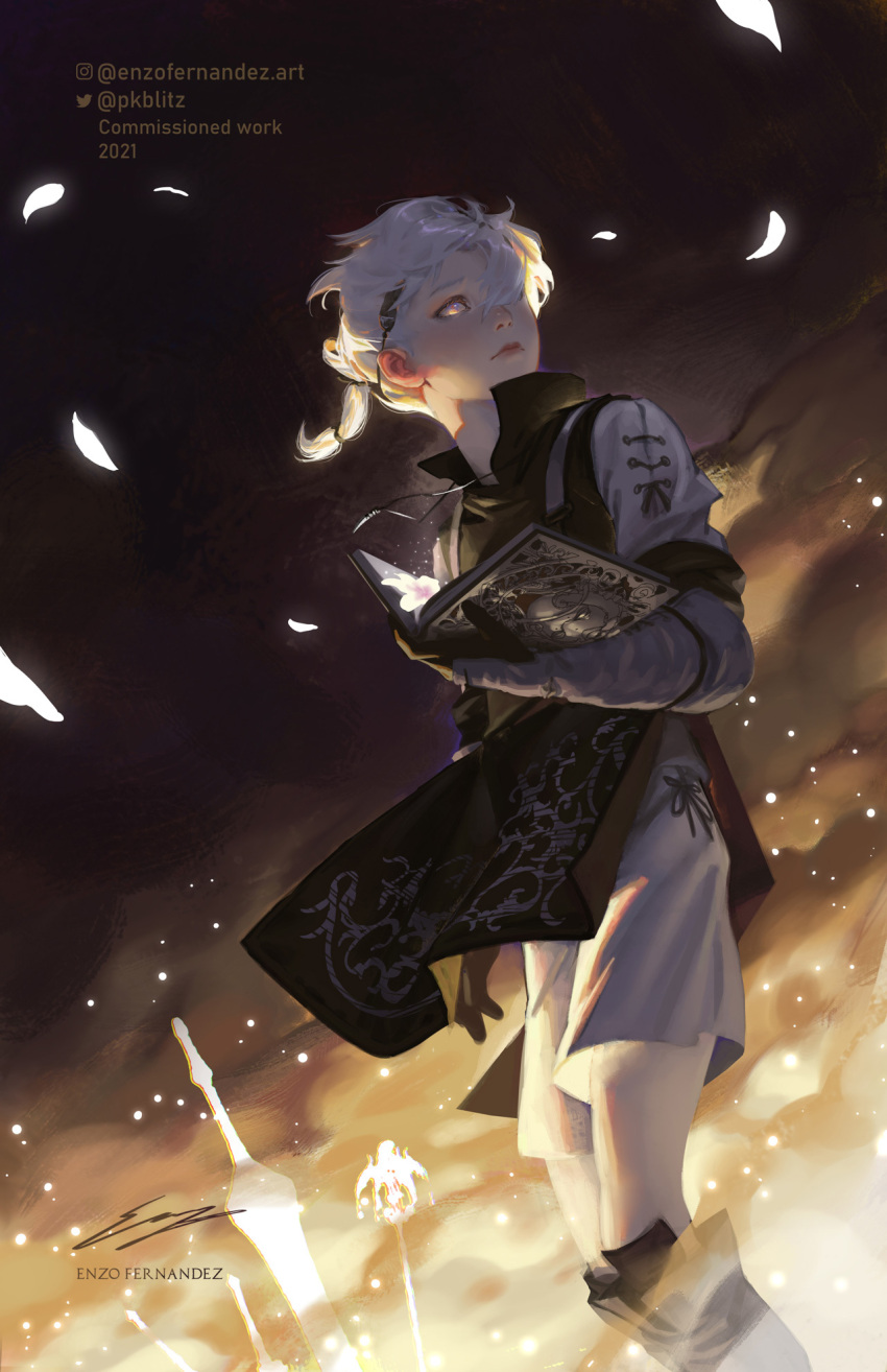 artist_name, book, character_request, english_text, enzo_fernandez, feet_out_of_frame, highres, holding