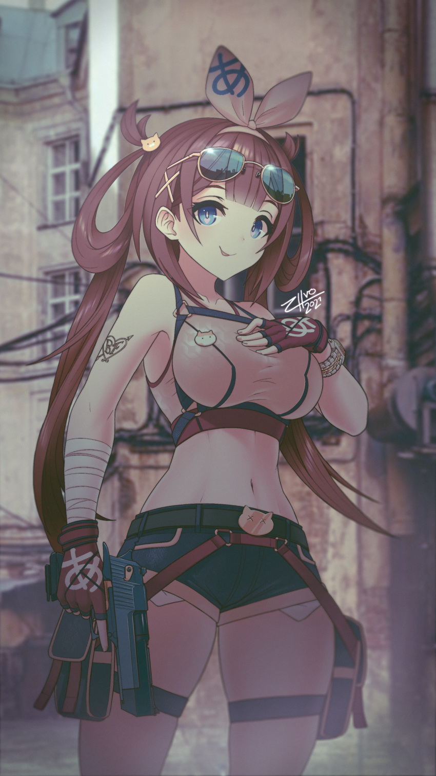 1girl, absurdres, ayamy_(vtuber), bandaged_arm, bandages, blue_eyes, breasts, brown_hair