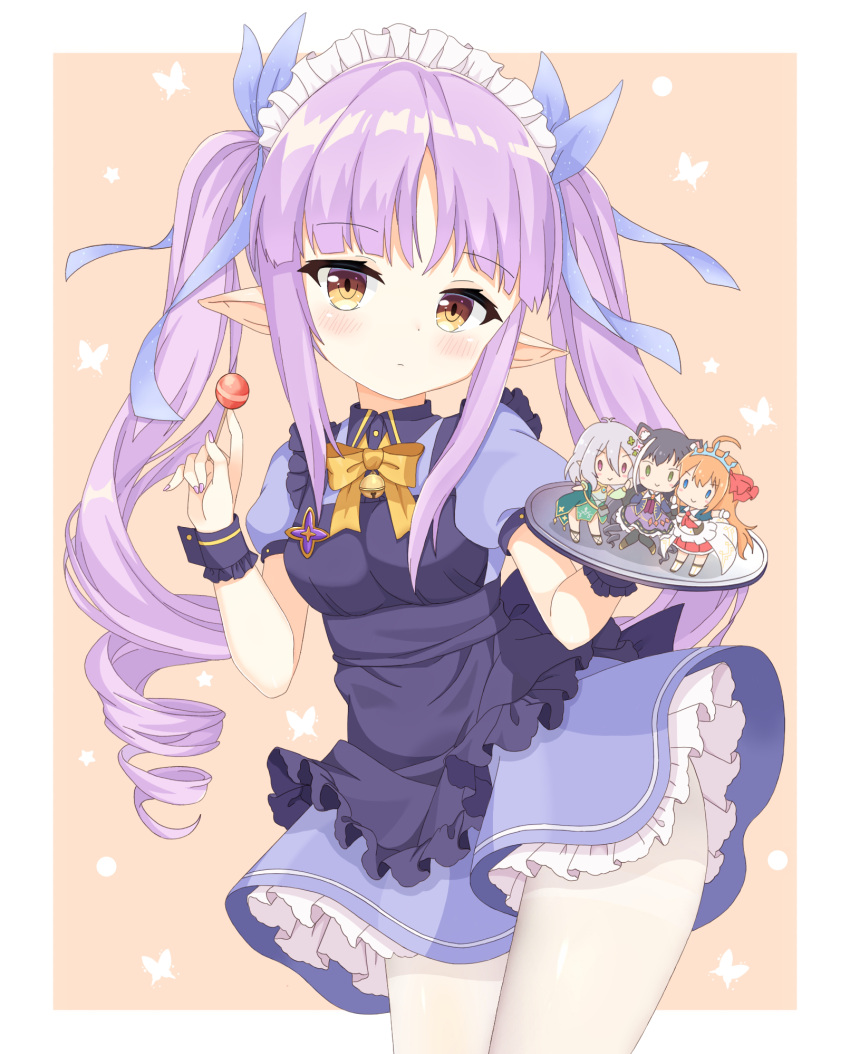 1girl, apron, black_apron, blue_dress, brown_eyes, character_doll, curly_hair, dress