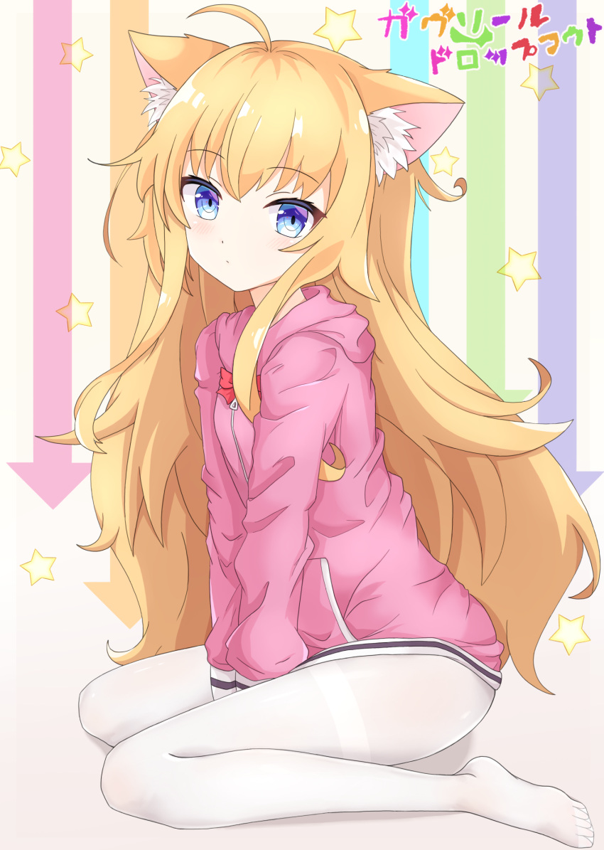 1girl, ahoge, animal_ear_fluff, animal_ears, between_legs, blonde_hair, blue_eyes, cat_ears