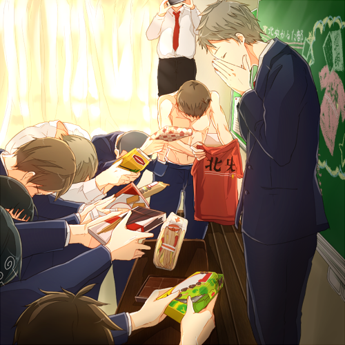 6+boys, amakasu_nayuta, bowing, brown_hair, buzz_cut, chalkboard, chihayafuru, chocolate, curtains, danshi_koukou_valentine, gift, grey_hair, hands_up, kameda_yasuhisa, kinashi_hiro, lowres, male_focus, meguru_(sk_046), mochida_futoshi, multiple_boys, necktie, pants, red_neckwear, red_shirt, ryugasaki_(chihayafuru), school_uniform, shiroyama_koki, shirt, shirt_removed, shirtless, short_hair, standing, sudou_akiho, takuma_(chihayafuru), very_short_hair