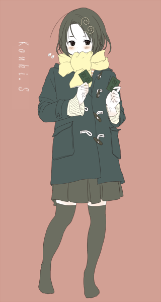 1girl, black_hair, black_legwear, blush, brown_hair, character_name, chihayafuru, coat, commentary, genderswap, genderswap_(mtf), hair_ornament, iroha_karuta, long_sleeves, meguru_(sk_046), no_shoes, scarf, shiroyama_koki, simple_background, skirt, standing, thigh-highs, yellow_scarf