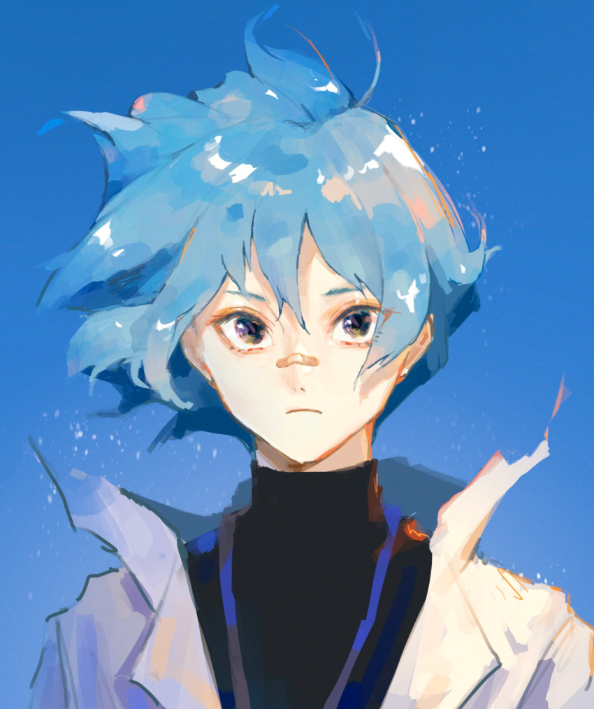 1boy, bandaid, bandaid_on_nose, black_eyes, black_shirt, blue_background, blue_hair, character_request