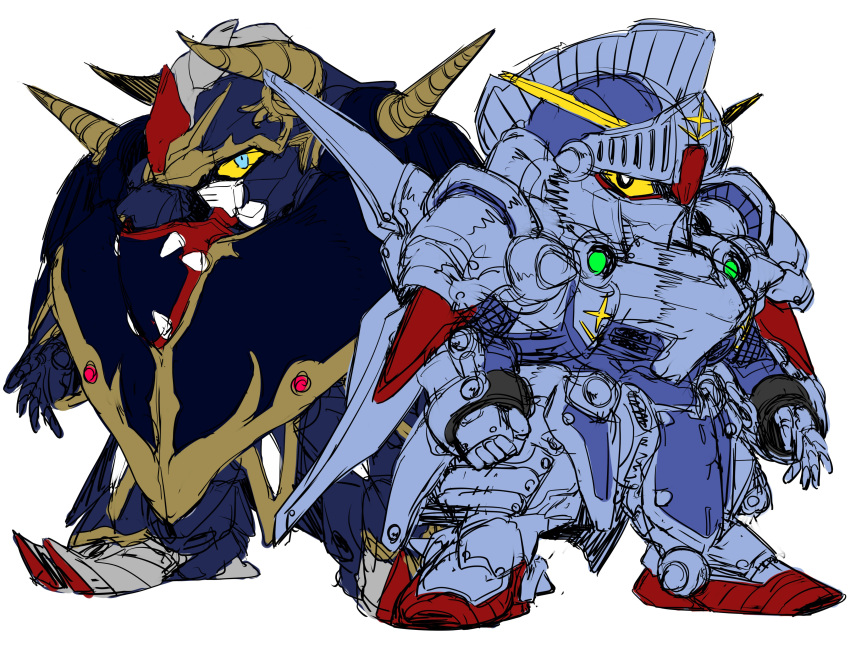 absurdres, black_eyes, clenched_hand, colored_sclera, gundam, highres, horns, knight_gundam