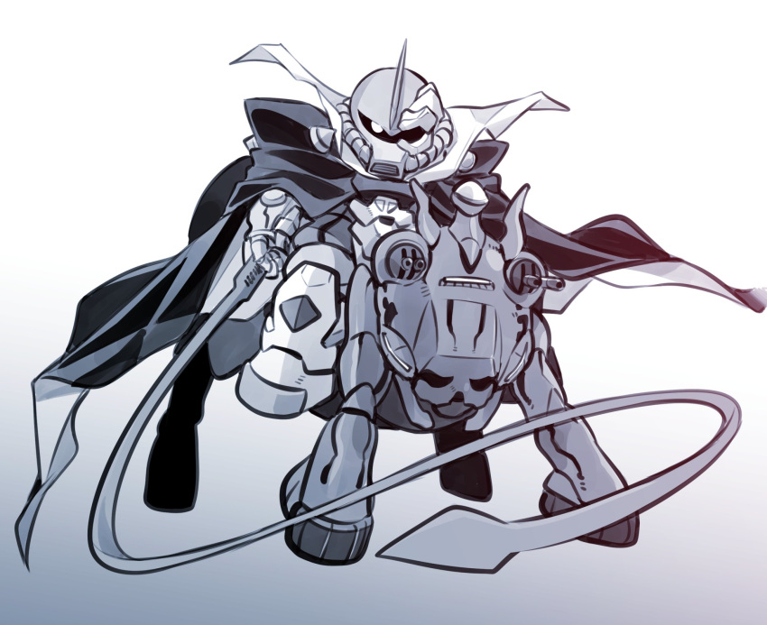 cannon, cape, gallop, gouf, gradient, gradient_background, greyscale, gundam