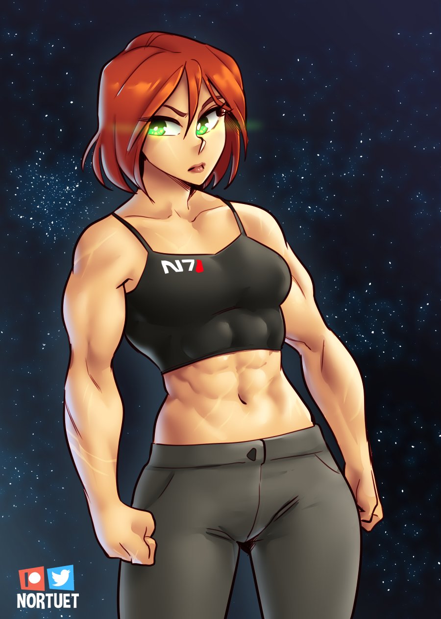 1girl, abs, alternate_form, biceps, breasts, camisole, clenched_hands, commander_shepard
