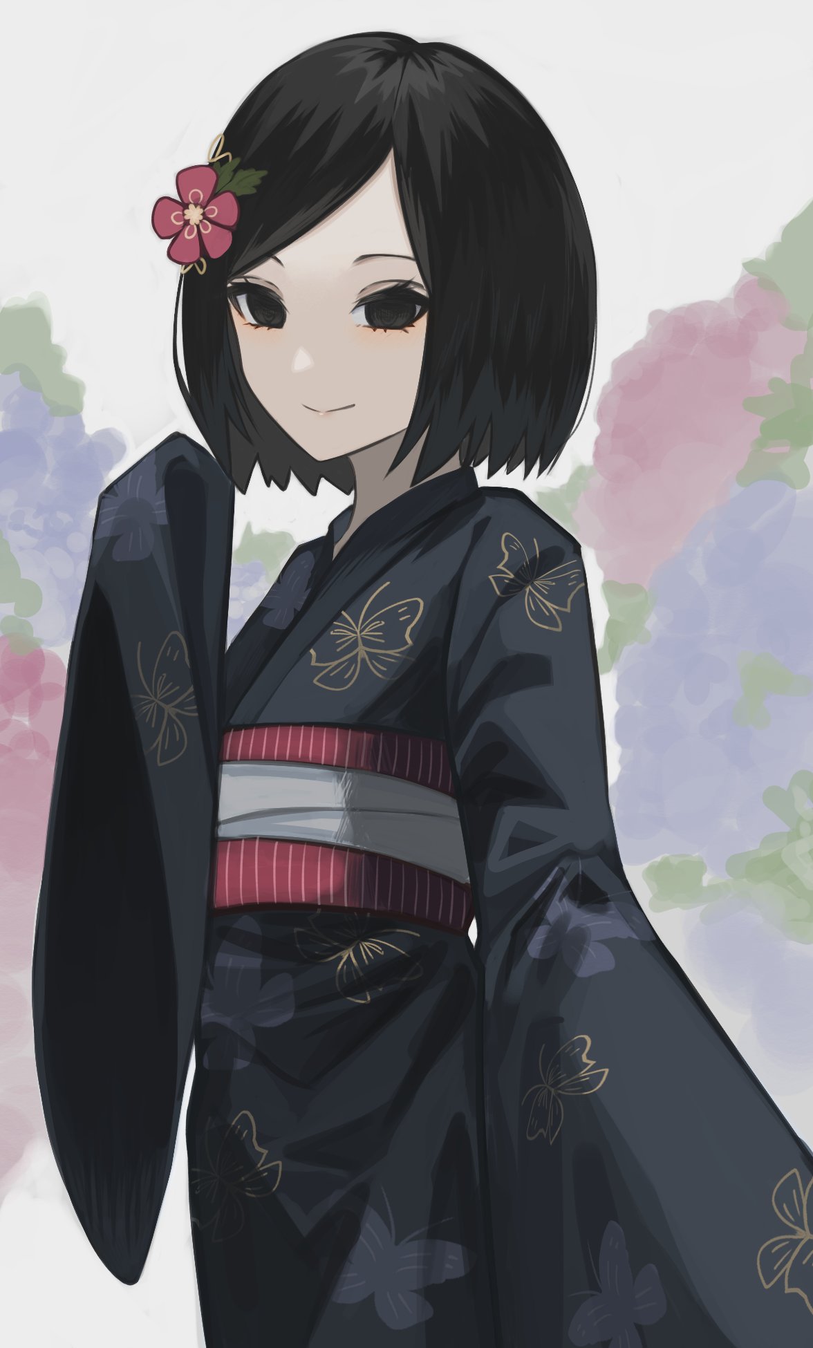 1girl, animal_print, bangs, black_eyes, black_hair, bob_cut, butterfly_print, cowboy_shot