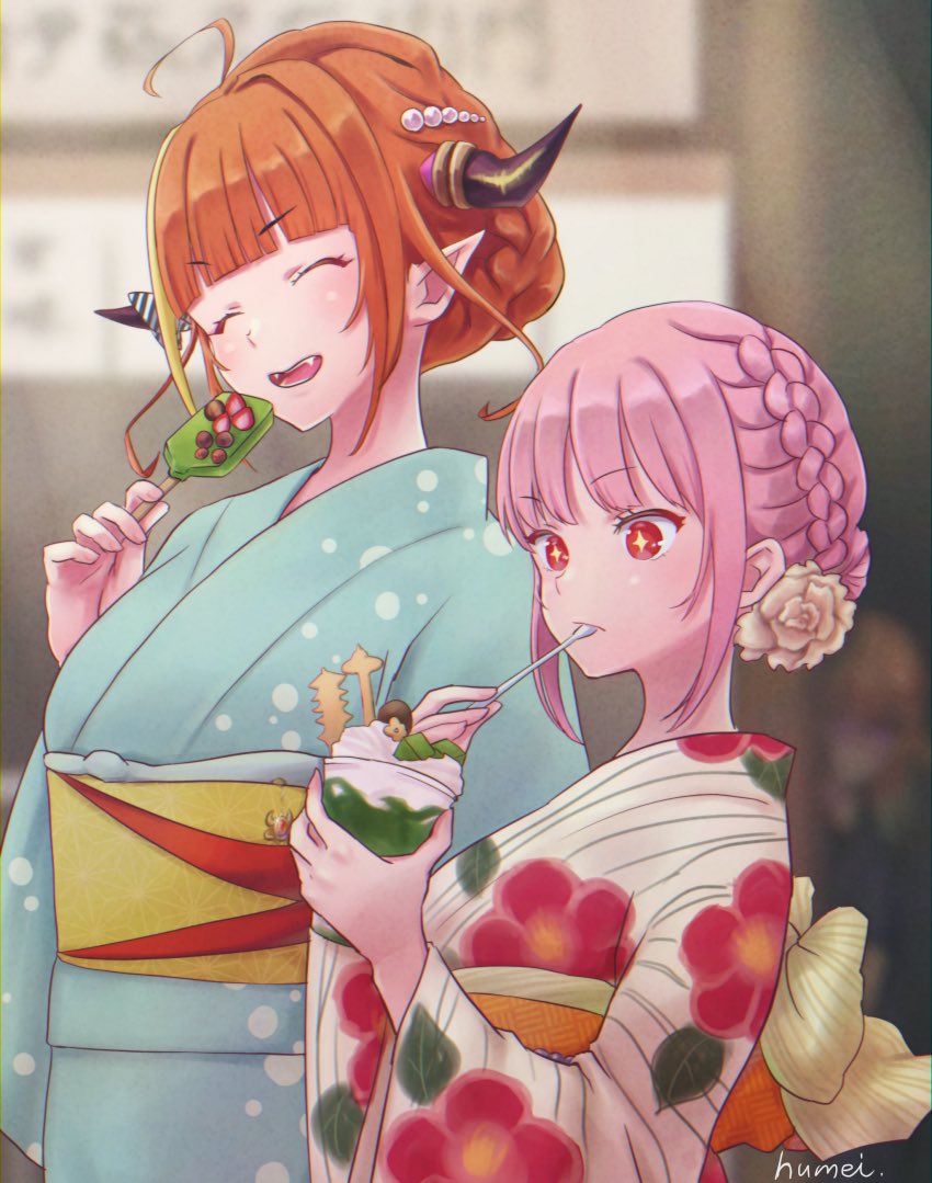 +_+, 2girls, ahoge, alternate_costume, alternate_hairstyle, aqua_kimono, artist_name, back_bow