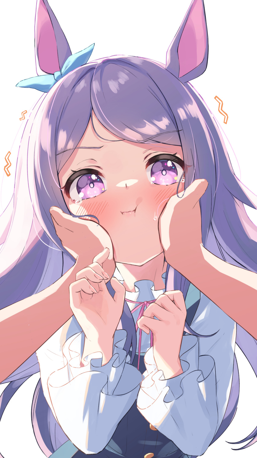 1girl, :i, absurdres, animal_ears, bangs, blue_dress, blue_ribbon, blush
