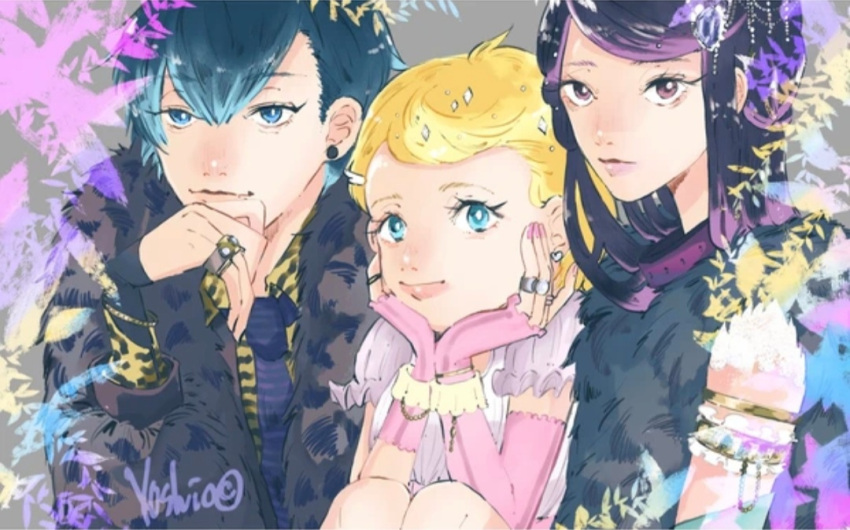 1boy, 2girls, 40sioc, alternate_costume, animal_print, aqua_hair, artist_request, black_hair