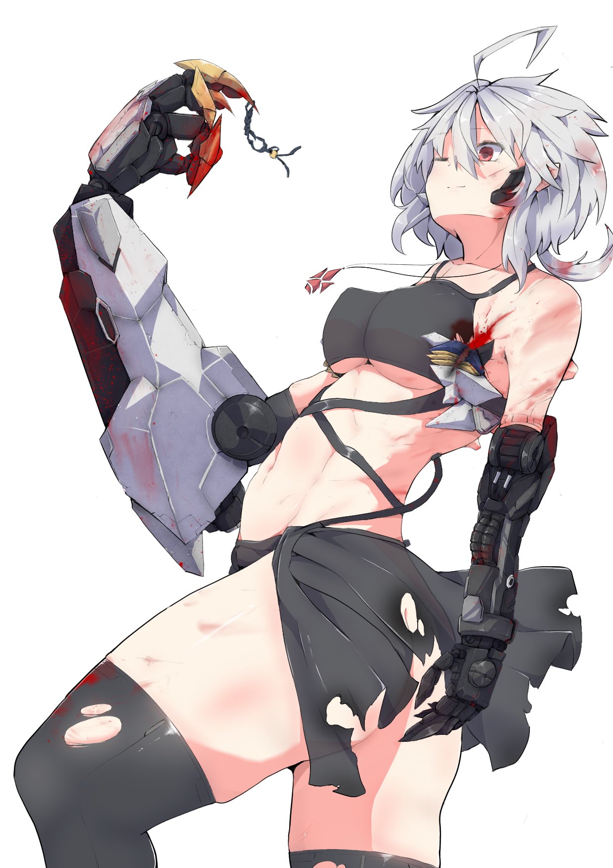 1girl, ahoge, black_skirt, blood, breasts, covered_nipples, cuts, damaged, eyebrows_visible_through_hair, gundam, gundam_barbatos, gundam_barbatos_lupus, gundam_tekketsu_no_orphans, highres, injury, jewelry, mecha_musume, mechanical_arms, medium_breasts, necklace, one_eye_closed, open_hand, personification, shigure1213, short_hair, silver_hair, skindentation, skirt, smile, solo, torn_clothes, torn_legwear, torn_skirt, under_boob, white_background