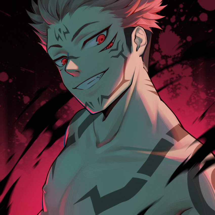 1boy, black_hair, chest_tattoo, extra_eyes, facial_tattoo, grin, highres, itadori_yuuji