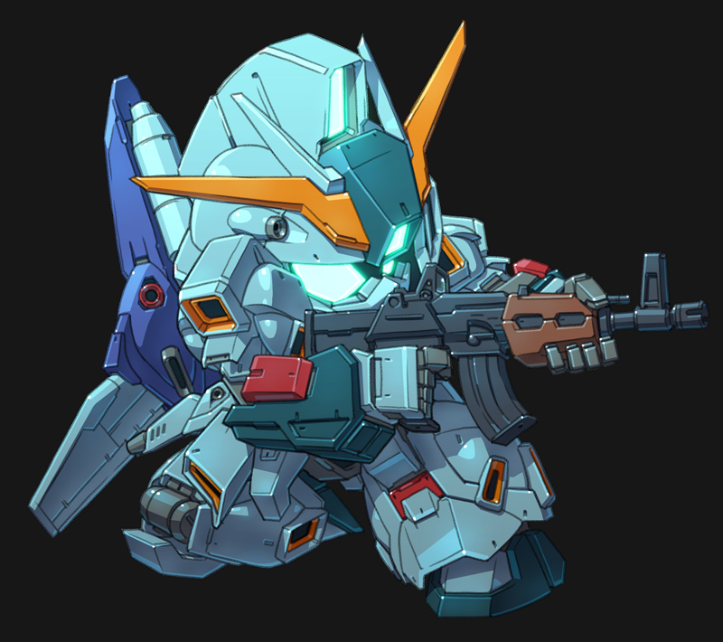 aiming, aqua_eyes, assault_rifle, beam_rifle, black_background, char's_counterattack, chibi, energy_gun